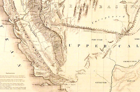 Fremont's 1848 map of the route to Southern California and the Mojave Desert
