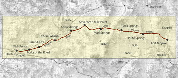 Map of Mojave Road (Old Government Road) across the Mojave Desert from Fort Mojave in Arizona west to to Daggett