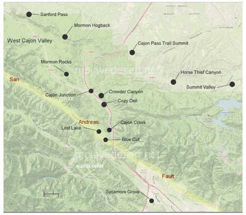 Map of points of interest in the Cajon Pass