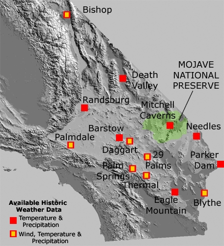 Map of historic weather stations in the Mojave region