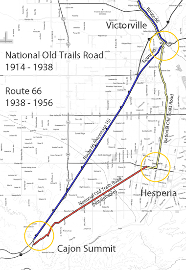 map of National Old Trails Road as it goes through the Victor Valley cities of Victorville and Hesperia, Ca.
