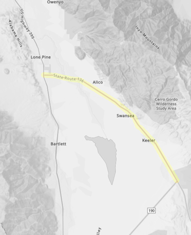 Map showing California State Route 136 from Lone Pine to Keeler, with ghost towns Swansea and Keeler labeled along the route near Owens Lake and the Inyo Mountains.