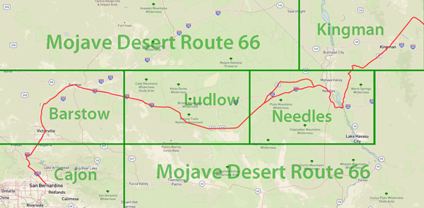 Index map of Route 66 through Mojave Desert