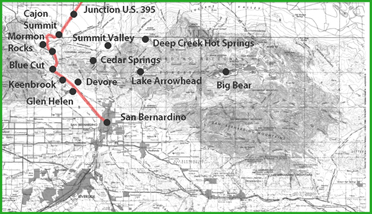 Map of historic Route 66 through the Cajon Pass section of the Mojave Desert