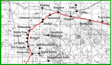 Map of historic Route 66 through the Barstow section of the Mojave Desert