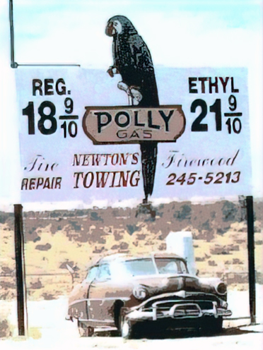 1949 HUDSON HORNET APPEARS TO REFUEL UNDER POLLY GAS STATION SIGN, LOCATED UP THE ROAD FROM THE SAGE BRUSH INN