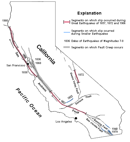 Map of large faults in California